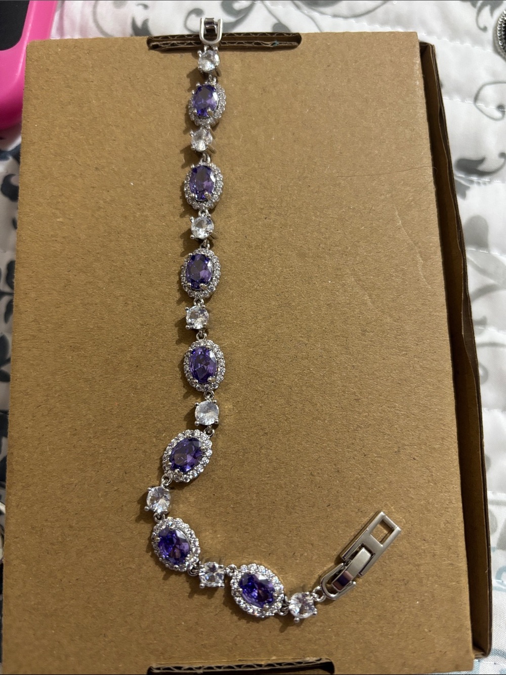 Silver Bracelet with Oval Purple Stones and Clear Accents